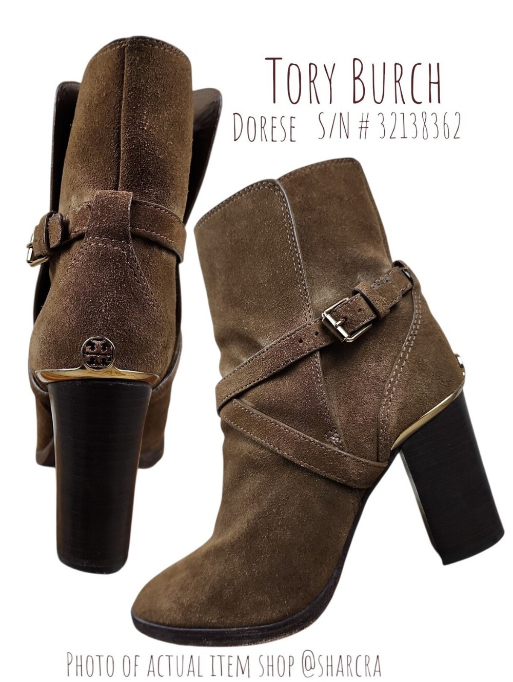 Tory Burch Dorese Brown Suede Golden Buckle Block Heel Ankle Boots Women's 9